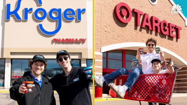 Protein Pints co-founders Paul Reiss and Michael Meadows outside Kroger and Target stores.