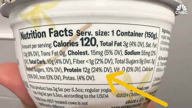 Chobani Greek Yogurt Nutrition Facts showing 12g protein (24% DV)