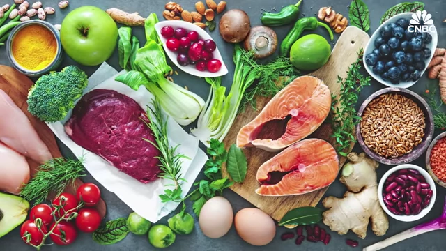Various healthy food items including meat, fish, eggs, and produce for a balanced diet