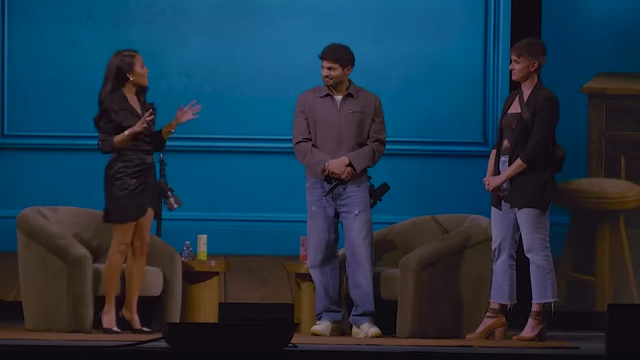 Emma Grede and Jay Shetty offering advice to an audience member about starting small