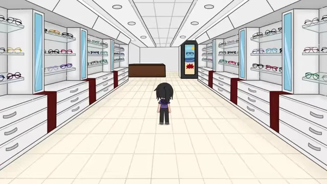 A long optical store aisle is lined with numerous shelves displaying hundreds of glasses frames.