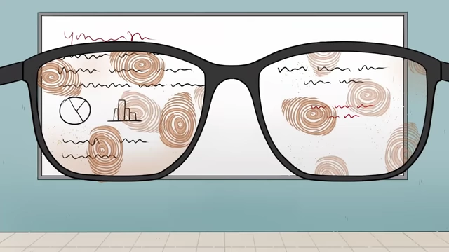 The lenses of the glasses are covered in numerous cheese puff fingerprints.