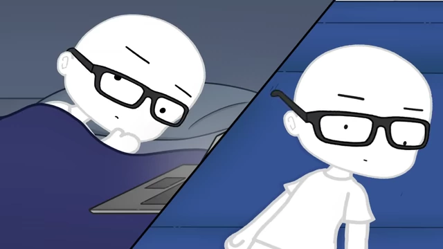 A split image shows a person lying uncomfortably sideways in bed and on a couch, with glasses askew.