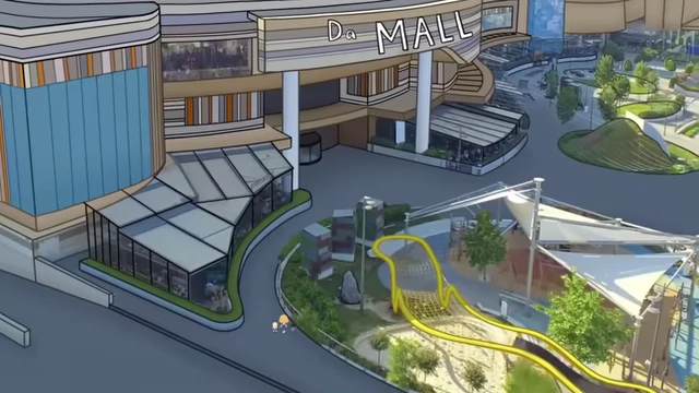 An aerial view of a large "Da MALL" where the family went shopping.