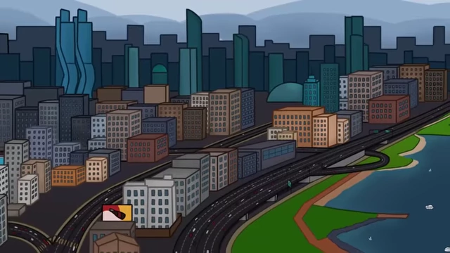 An overhead view of a bustling city with many buildings and roads.