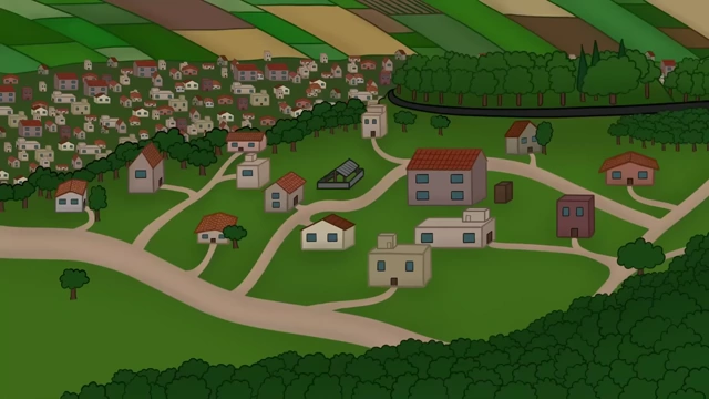 A serene view of a small town nestled among green fields, contrasting with the city.