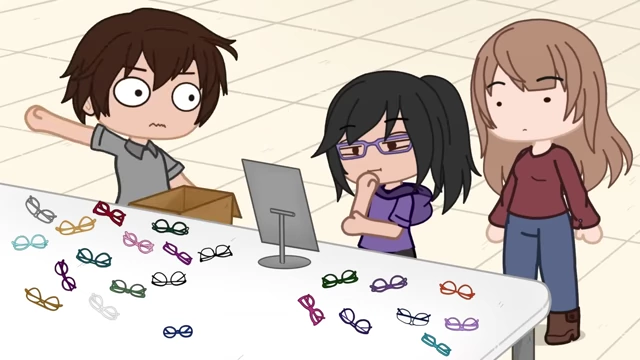 An optical store employee throws a box of glasses towards the speaker, jokingly implying exasperation.