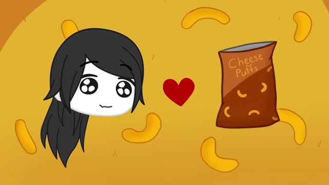 Claudia's face next to cheese puffs and a heart, symbolizing her addiction to the snack.