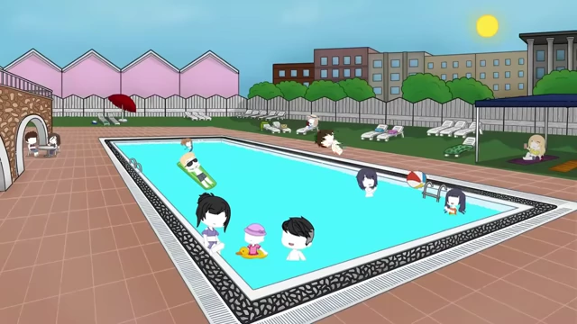 A group of people enjoying a sunny day at a swimming pool.