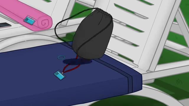 Personal belongings, including a bag and an access card, left on a poolside bench.