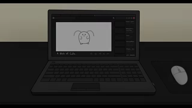 A laptop displaying a simple animated character, representing creative work being done.