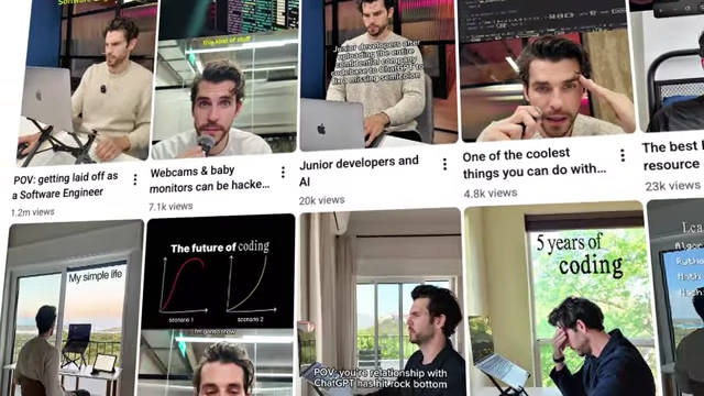 A collage of YouTube video thumbnails, mostly featuring the presenter Andrew Codesmith, with titles like "POV: getting laid off as a Software Engineer" and "The future of coding," showcasing his content on the platform.