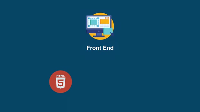 An icon representing Front End development, featuring HTML5 and CSS3 logos below a desktop computer graphic.