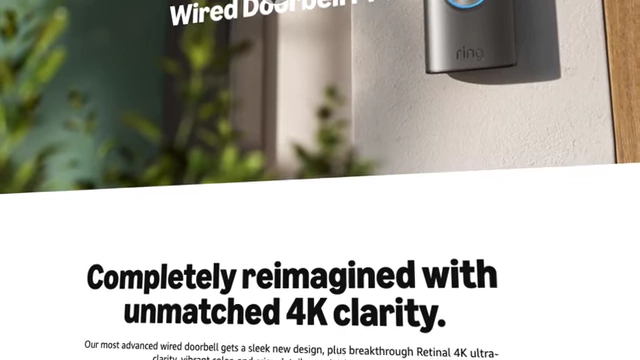 A screenshot of Amazon's Ring doorbell product page, showcasing its design and features, like "Completely reimagined with unmatched 4K clarity."