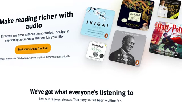 A screenshot of the Amazon Audible homepage, promoting audiobooks with a "Start your 30-day free trial" offer.
