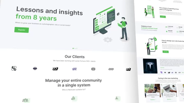 A website screenshot features various sections with text like "Lessons and insights from 8 years" and "Manage your entire community in a single system," demonstrating a landing page layout.
