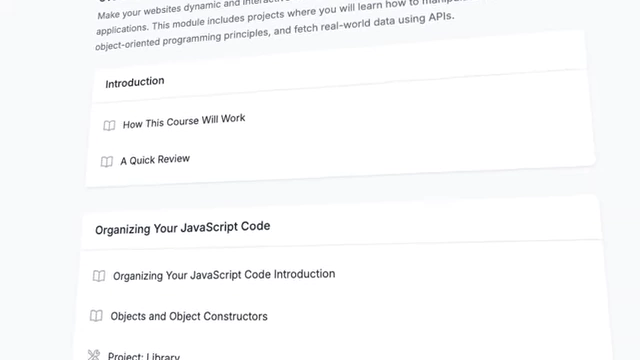 A screenshot of "The Odin Project" website outlines its full-stack JavaScript curriculum, including sections on "Introduction" and "Organizing Your JavaScript Code," emphasizing its project-based learning approach.