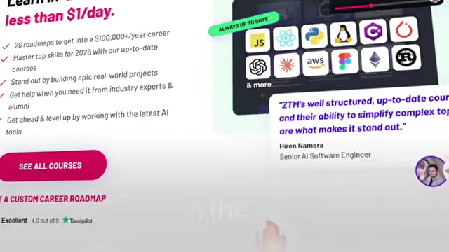 A promotional graphic for Zero to Mastery courses highlights benefits like "26 roadmaps to get into a $100,000+/year career" and mentions various tech stacks including JS, React, Python, and AWS.