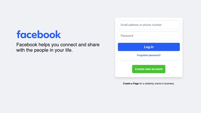 A screenshot of the Facebook login page, showing fields for email/phone number and password, with options to "Log in," "Forgotten password?" and "Create new account," illustrating a common authentication interface.