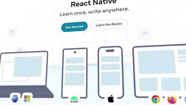 The React Native website displaying "Learn once, write anywhere" slogan with various device mockups (laptop, Android phone, iPhone, iPad), emphasizing cross-platform development.