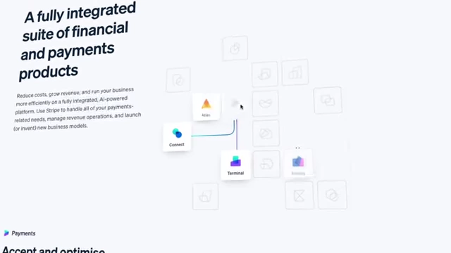 A graphic showing a network of integrated financial products and payment solutions from Stripe, including "Connect" and "Terminal," illustrating a comprehensive payment platform.