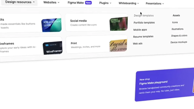 A screenshot of Figma's design resources shows various templates, including "Design templates," "Portfolio templates," "Mobile apps," and "Resume templates," offering pre-made UI components.