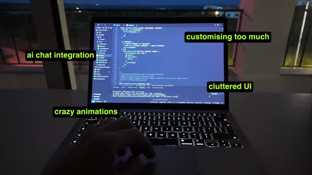 A laptop screen shows code editor with text overlays like "customizing too much," "ai chat integration," "cluttered UI," and "crazy animations," illustrating common pitfalls of over-complicating an app during development.