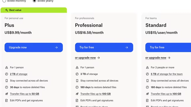 A pricing page displaying "Plus," "Professional," and "Standard" plans with monthly and yearly billing options, highlighting different features and prices for a service.