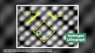 Microscopic image showing hydrogen atoms on a silicon surface, representing data bits