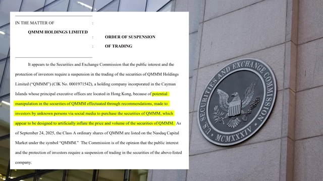 SEC "Order of Suspension of Trading" document, highlighting the reason for potential manipulation via social media