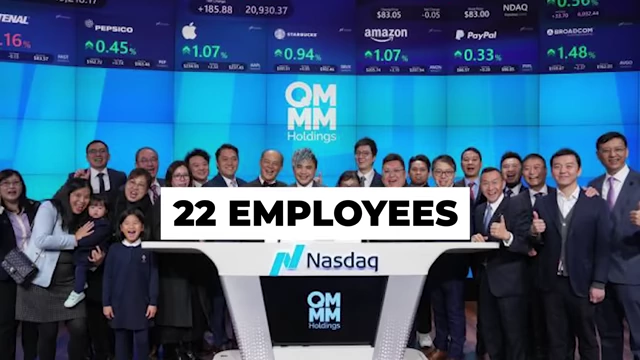 QMMM Holdings' 22 employees pose at the NASDAQ stock exchange