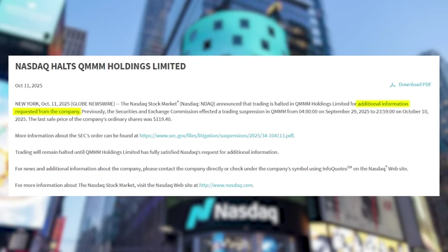 NASDAQ press release announcing an indefinite trading halt for QMMM Holdings, pending additional information from the company
