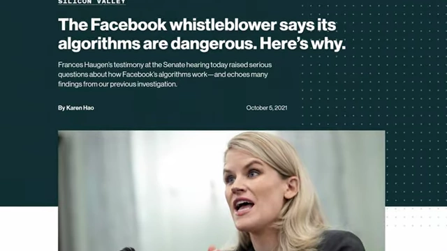 An article reporting on the Facebook whistleblower's testimony regarding dangerous algorithms.