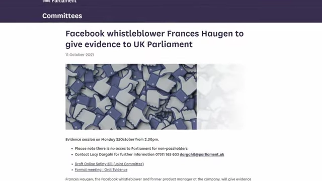An article announcing Facebook whistleblower Frances Haugen's evidence to the UK Parliament.