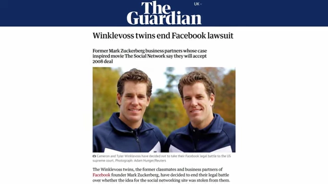 A Guardian article announcing the end of the Facebook lawsuit with the Winklevoss twins.