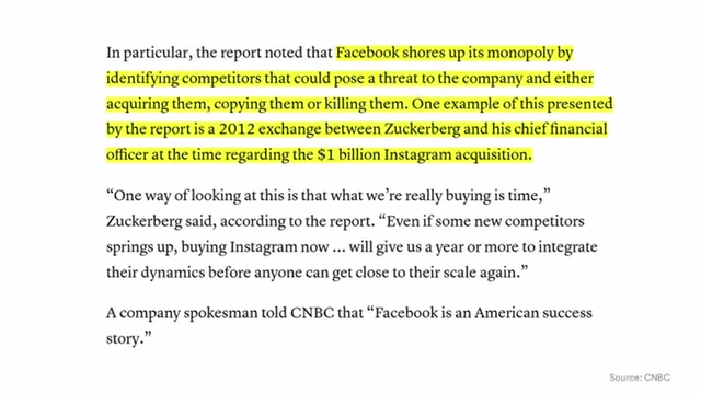 An article detailing how Facebook shored up its monopoly by acquiring competitors, citing the $1 billion Instagram acquisition.