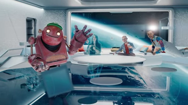 Metaverse avatars gather to play cards in a futuristic space station.