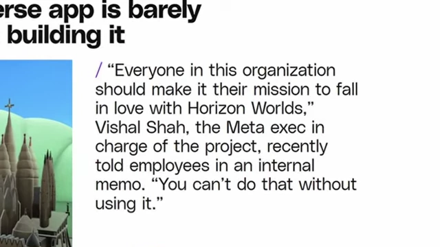 An excerpt from a Meta internal memo, asking employees to make it their mission to 'fall in love with Horizon Worlds'.