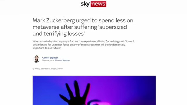 Sky News article discussing Mark Zuckerberg being urged to reduce metaverse spending due to 'supersized and terrifying losses'.