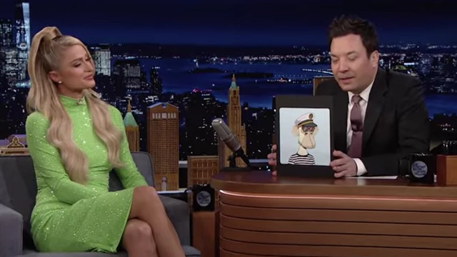 Paris Hilton and Jimmy Fallon holding a Bored Ape Yacht Club NFT, symbolizing the NFT boom.