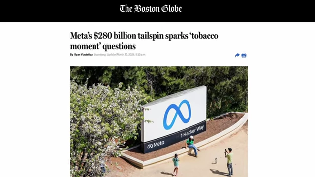 The Boston Globe article questioning Meta's future amid a 'tobacco moment' analogy and significant market losses.