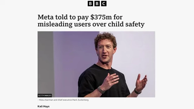 BBC article stating Meta was ordered to pay $375 million for misleading users over child safety.