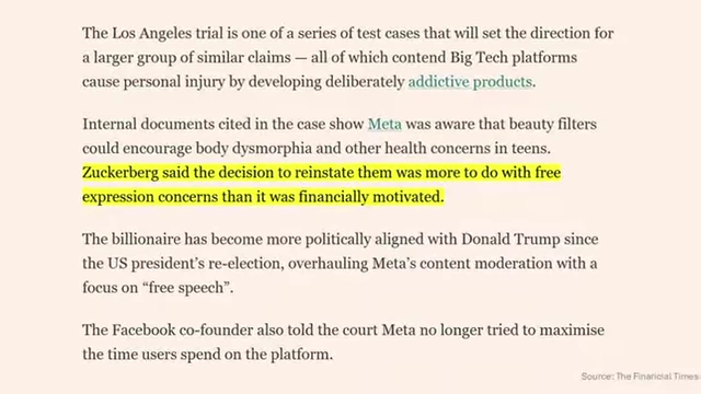 An excerpt from the Financial Times article detailing Zuckerberg's decision to reinstate beauty filters citing free expression concerns.
