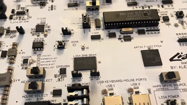 The 2-megabyte SRAM chip on the LisaFPGA board with RAM size jumpers