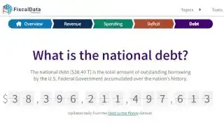 Screenshot from FiscalData.treasury.gov showing the US national debt at $38,396,211,497,613.