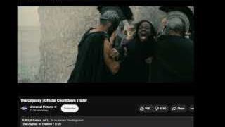 A YouTube trailer for "The Odyssey" film with significantly more dislikes than likes, indicating poor audience reception.