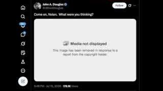 A tweet showing a "Media not displayed" message due to a copyright report, suggesting content related to the film is being taken down.