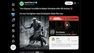A screenshot showing "The Odyssey" rated at 98% on Rotten Tomatoes after 125 reviews, claiming it as Christopher Nolan's highest-rated film.