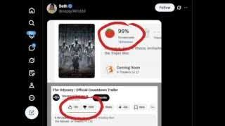 A comparison showing "The Odyssey" with a 99% critic score on Rotten Tomatoes juxtaposed with the highly disliked trailer on YouTube.