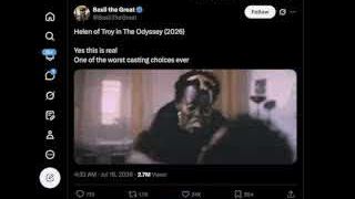 A screenshot showing the actress cast as Helen of Troy in "The Odyssey [<a href="https://youtube.com/watch?v=8zGA1uRyMCs&t=2025">2025</a>]", labeled as "one of the worst casting choices ever."